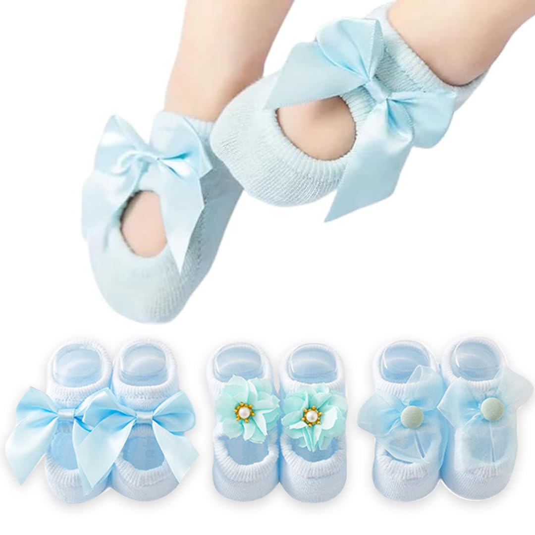 BabyMoon Set of 3 | Non-Skid, Anti Slip Pearl Bow Flower Baby Socks Gift Box | Safety Protector | 0-12M-image-23