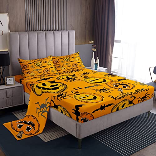 Erosebridal Sábanas de Halloween Queen para niños, sábanas de calabaza kawaii, juego de sábanas y fundas de almohada, juego de sábanas y fundas de almohada decorativas de 4 piezas, color naranja Cover