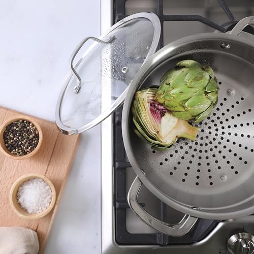 Image of Sur La Table Kitchen Essentials Chef's Deck 3-Piece 5.3-Quart Stainless Steel Dutch Oven with Steamer Insert & Glass Lid - Induction Ready, Tri-Ply Base, Polished Finish & Hollow Stay-Cool Handles
