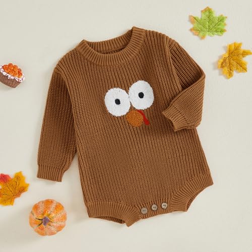 MOLZULAMS Thanksgiving Baby Girl Boy Outfit Long Sleeve Turkey Knit Sweater Romper Crewneck Pullover Sweatshirt Fall Clothes (Brown, 3-6 Months)