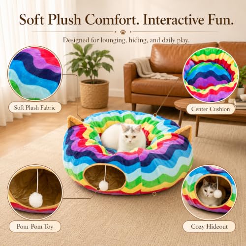 Image of Large Cat Tunnel Bed Under Christmas Tree with Fluffy Toy Balls, Small Cushion and Flexible Design- 10 inch Diameter, 3 ft Length- Great for Cats, and Small Dogs, Rainbow Wave Color