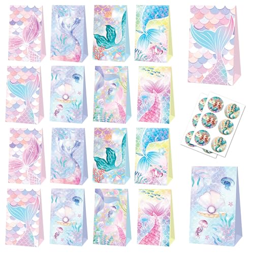 YYQIKESPECT 12 Pcs Mermaid Themed Birthday Party Favor Bags with Stickers, Treat Bags Goodie Bags with Mermaid for Kids Girls