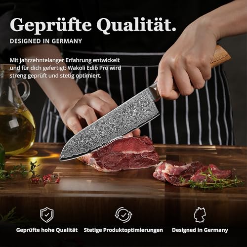 Foto von Wakoli EDIB Pro 3-teiliges Küchenmesser Set aus echtem Damaststahl (VG10 Kern) in Geschenkbox aus Holz – 2x Santoku Messer & Officemesser – Scharf & ergonomisch – Damastmesser Set mit Pakkaholzgriffen