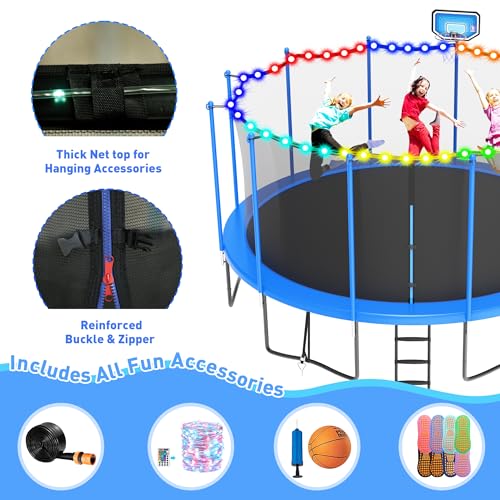 DeepRoar Tranpoline for Kids and Adults, 1500LBS 16FT 15FT 14FT 12FT 10FT 8FT Tranpoline with Basketball Hoop, Safety Enclosure Net, Heavy Duty Tranpoline with Light, Sprinkler, Socks, ASTM Approved