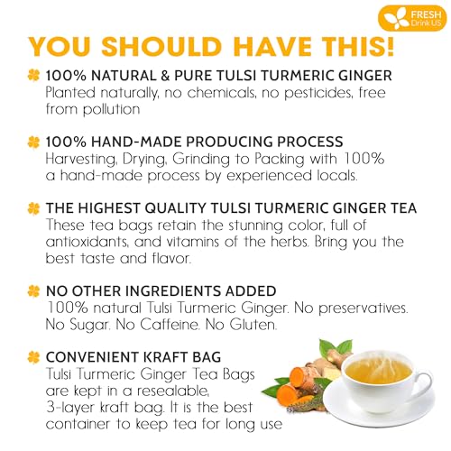 Image of FreshDrinkUS, Premium 75 Tulsi Turmeric Ginger Tea Bags, 100% Natural & Pure from Tulsi Holy Basil Leaves, Turmeric and Ginger. Made with Natural Material Tea Bags. No Sugar, No Caffeine, Vegan.