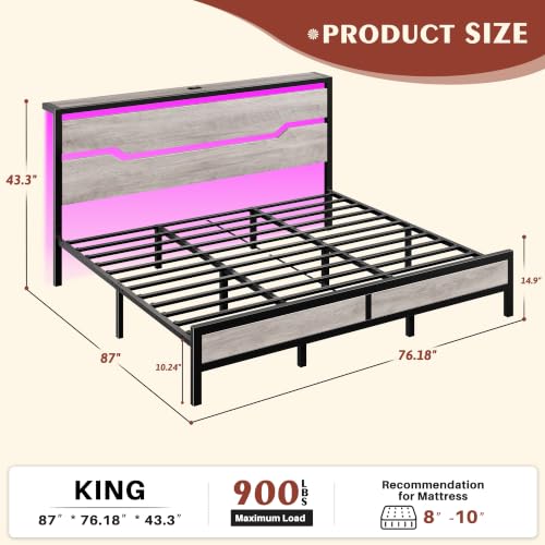 Image of Homkdom King Size Bed Frame with LED Storage Headboard & USB Ports Grey | Underbed Storage for Saving Space, 900 LBS Noise-Free Quiet Sleep Setup for Master Bedroom, Couples & Modern Apartments