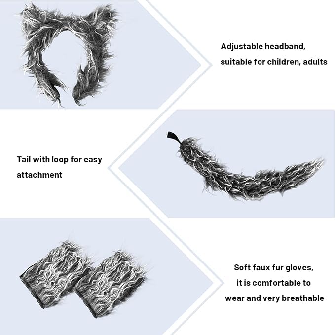 mefound 4Pcs Wolf Costume Accessory Set - Cute Animal Ears Tail and Gloves Cosplay Costume Accessory Fancy Dress Party - Image 2