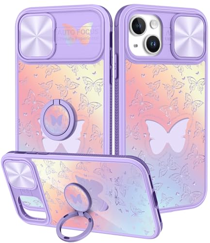 Plakill iPhone 15 Plus Case with Slide Camera Cover, Butterfly Stylish Aesthetic Slim Protective Cover