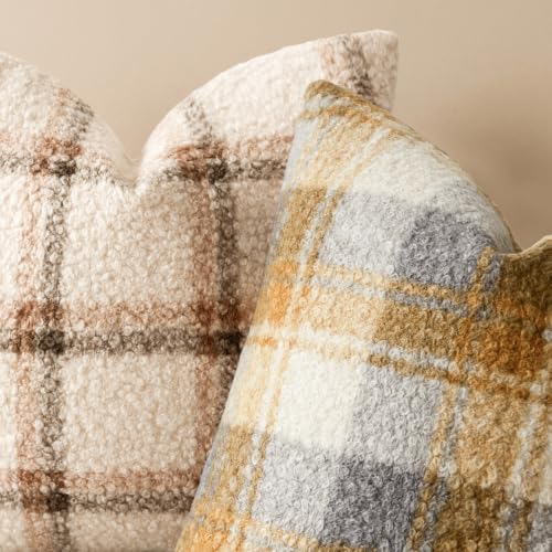 Image of Foindtower Pack of 2 Soft Faux Fur Boucle Throw Decorative Pillow Covers Fuzzy Accent Check Cushion Sherpa Boho Farmhouse Pillowcase for Couch Sofa Bed Living Room Home Decor 20x20 Inch,Amber and Blue