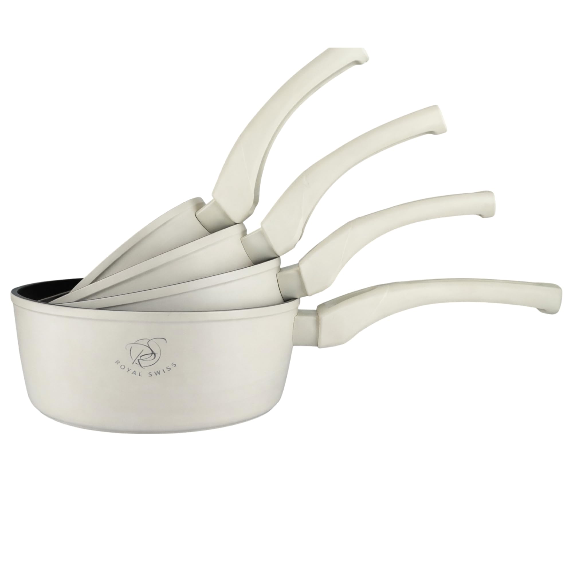 Royal Swiss® 5-teiliges Töpfe-Set mit abnehmbarem Griff | Kochtöpfe 14/16/18/20 cm + Universal-Glasdeckel | Induktionsgeeignet, Platzsparendes Kochset für alle Herdarten (Beige, normal)