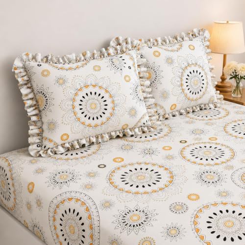 Image of King Size Fitted Bedsheet for Double Bed | 300 TC Cotton Feel Microfiber | All Around Elastic with 2 Frill Pillow Covers | Soft & Durable | (WhiteGolaFRILL, Fitted - Double72x72)