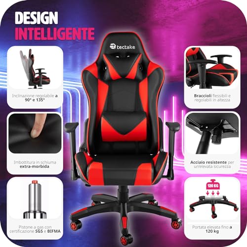 ® Sedia da Gaming per Gamer, Poltrona da Ufficio Ergonomica, Sedia Gaming con Braccioli Imbottiti, Doppie Rotelle Resistenti, Struttura Robusta, Regolabile, Portata fino a 120 kg - Nero/Rosso - Sedia gaming - Immagine 7