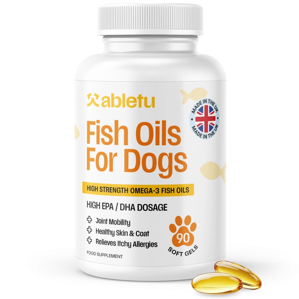 AbleTu - High Strength Omega 3 Fish Oil for Dogs – Large Breed & Small Breed 90 Softgels – Premium EPA & DHA – Supports Joint Health, Shiny Coat & Skin – 3 Month Supply – Made in the UK