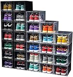 24 Pack Shoe Storage Box Shoe Box Clear Plastic Stackable Drop Front Shoe Organizer Space Saving Foldable Shoe Container Bin Fit up to US Size 12 (Transparent- 24Pack)