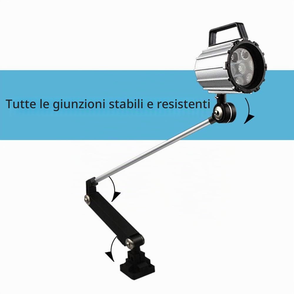 Lampada Pieghevole LED 7W IP67 Con Braccio Lungo - Impermeabile per Macchina Utensile CNC, Tornio - Braccio Prolungato in Alluminio Con Interruttore a Pulsante