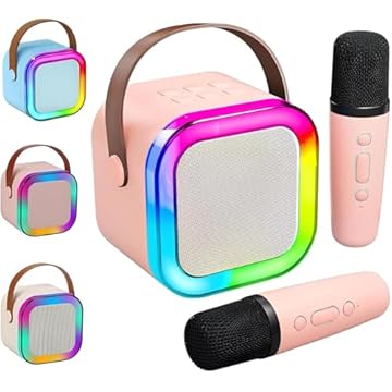 Top 1 Caixa de Som Karaokê RGB Portátil USB e Conexão Bluetooth com Luzes LED e 2 Microfones Sem Fio com Vozes Auto Tune