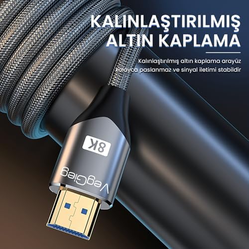 VegGieg 8K 60Hz 4K 120Hz 48 Gbps HDR ARC HDCP Örgülü HDMI 2.1 Kablo 1.5 Metre - Görsel 5