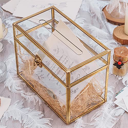Ncyp Wedding Card Box With Slot - Handmade 9.9X5.6X7.7 Inches - Gold Glass Envelope Card Box With Lid For Birthday Party Reception - Vintage Rectangular Centerpiece Decoration (Glass Box Only) #TOP3