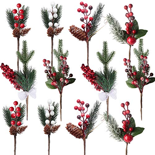 Christmas Floral Picks, SPWOLFRT 12 Pcs Christmas Red Berries/White Berries/Holly Leaves/Artificial Christmas Picks Pine Cones for Winter Décor, Holiday Crafts, Xmas Decorations (Multicolor A)