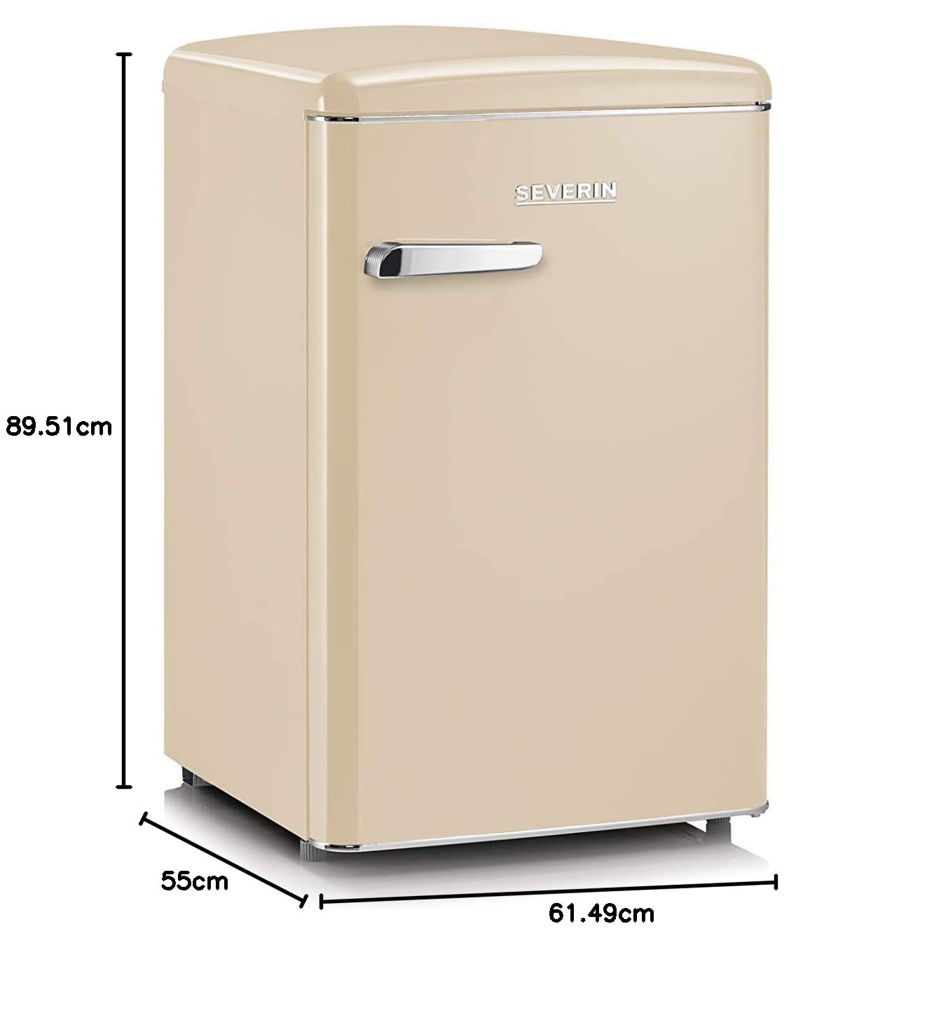 SEVERIN Mini Frigorifero Retrò Crema, 108 Litri, Congelatore 13L, Silenzioso (37 dB), Classe D, Luce LED, Cassetto Veggibox, Maniglie Cromate, Portabottiglie, 55,0 x 61,5 x 89,5 cm - RKS 8833