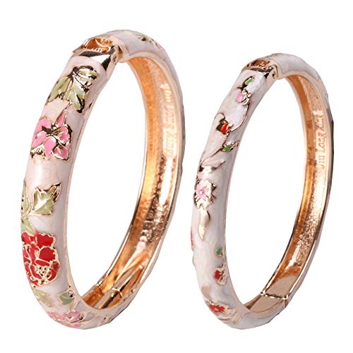 UJOY Enamel Bangle for Women, Cloissone Floral Bracelet for Lady Vintage Bangles Jewellery keepsake, 2 Pcs Ladies Charm Bracelets for Womens, Girls Charming Bangle Beige & Nude Pink Flowers Bangles