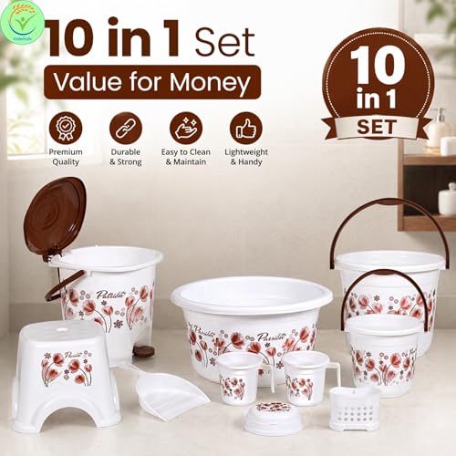 Image of Heavy Duty Virgin Plastic Large Capacity 20L Bucket, 5L Bucket, Stool,22L Deep Tub, Dustbin,1.5L Mug,1L Mug, Soap Case, Dustpan, Tooth Brush Stand Bathroom Set(K.White-Brown) - 10 Pieces