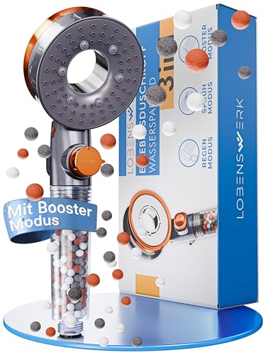 LOBENSWERK Duschkopf mit Filter [3 Modi - inkl. Booster] Duschkopf wassersparend mit Mineralperlen | Handbrause, Duschbrause, shower head für die Dusche inkl. Ersatzteile