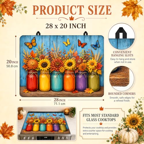 Image of Stove Top Cover for Electric Stove 28 inchx 20 inch, Fall Floral Mason Jar Garden With Butterflies Glass Top Stove Cover Protector, Glass Cooktop Covers, Kitchen Flat Electric Stove Top Covers