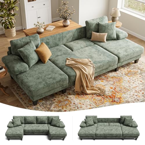 Image of Txtin's Sleeper Sofa with Pull Out Couch Bed | 112 Inch Couches for Living Room | U-Shaped Convertible Sofa Bed | Chenille Green