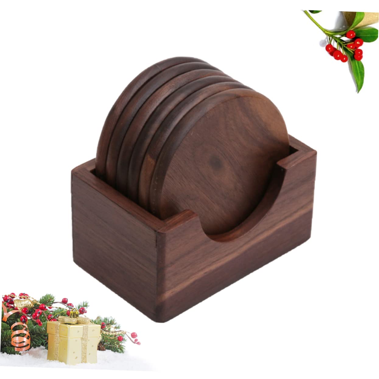 Posavasos de Madera Redondos de Nogal Negro, Juego de 6 Piezas