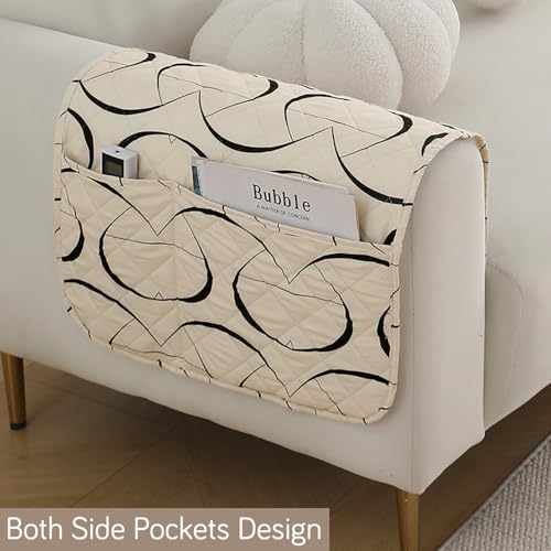 Image of HOKIPO 'Elira Series' Digitally Printed Water Repellent + Waterproof Sofa Armrest Cover with Pockets (2Pcs) - Natural Beige Abstract Art (AR-5251-C4*2)