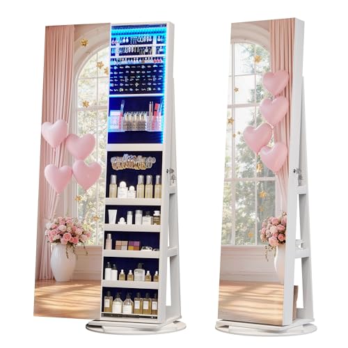 Image of LVSOMT 360 Swivel Jewelry Mirror Cabinet with Lights, Standing Jewelry Armoire Organizer, 63 inch Rotatable Full-Length Mirror with Jewelry Storage, Lockable with Back Storage Shelve, White