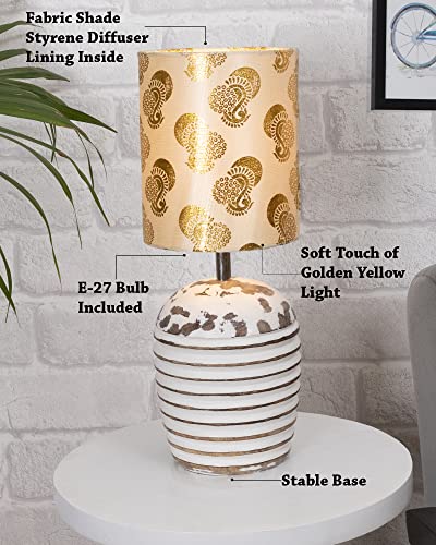Image of Homesake Wooden Lamp for Living Room | Table Lamp for Bedroom | Bedside Lamp with Fabric Shade | E27 Holder with Bulb Included | Warm Light Night, Study Table & Home Decor, Golden Peacok Shade