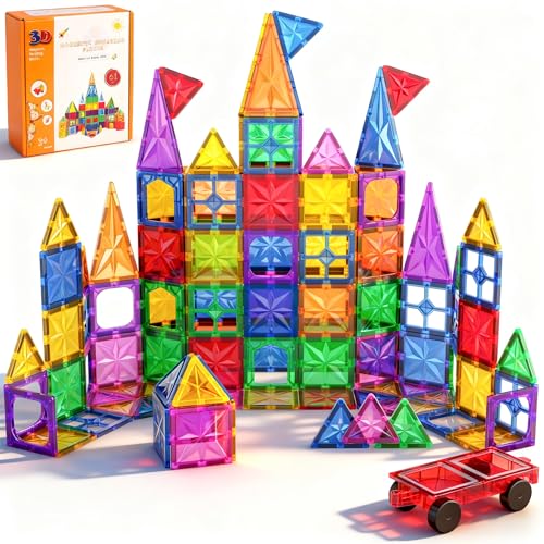 Perbabe Magnetische Bausteine, 61 Teile Magnetbausteine f&uuml;r Kinder mit starken Magneten Magnete Kinder 3D Lernspielzeug STEM Montessori Spielzeug mit Autos Magnetspiel Geschenke f&uuml;r 3 4 5 6 7 Jahre