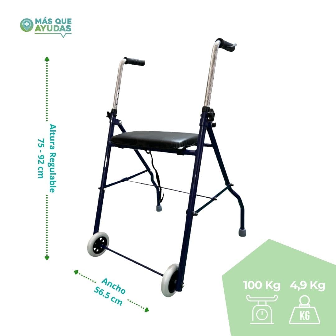 Andador con Asiento para Ancianos, Ruedas Delanteras, Plegable, Regulable en Altura 75-92 cm, Asiento Acolchado 39 x 20 cm, Estructura de Acero, Puños Anatómicos, Azul