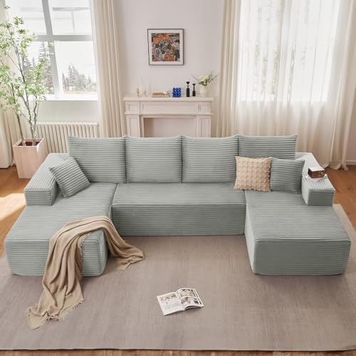 Image of Oversized Modular Sectional Sofa Couch, Large 4 Seater Corner Sofa Modern U Shaped Sectional Couch Cloud Couches for Living Room, Office, Spacious Space, Corduroy,No Assembly Required, Light Grey