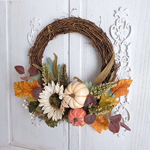 Idyllic 12 Inch Fall Harvest Pumpkin And Sunflower Wreath For Front Door, Thanksgiving Wreath For Indoor And Outdoor Decoration, Grape Vine Autumn Circle Wreath With Mixed Color Leaves thumb #5