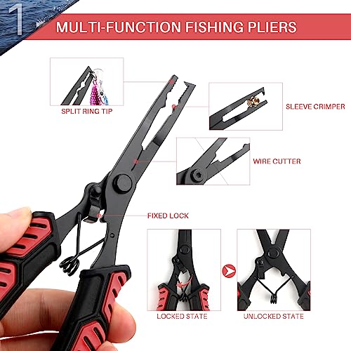 Image of mouhike Fishing Pliers Fish Lip Gripper Fishing Tool Kit for Men Women | Saltwater Multifunctional Fishing Line Cutter Hook Remover with Lanyard Sheath Fly Ice Pliers Fishing Gear Fishermen Gift