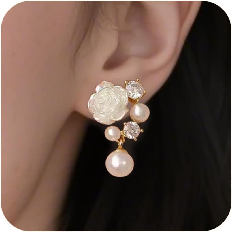 Elegant Pearl Flower Drop Earrings for Women, Cute Small Everyday Flower Pearls Dangle Earring Gift