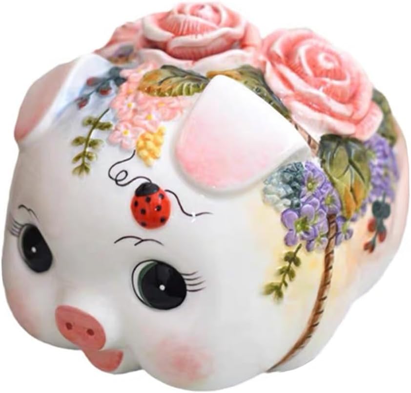 Ceramic Piggy Bank，Coin Bank，Money Box, Hand Painted Victoria Pink Rose Pig Design (7.5" L)