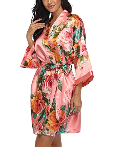 Image of VOGMATE Floral Silk Robes for Women Short Satin Kimono Bride Bridesmaid Robes Bathrobe