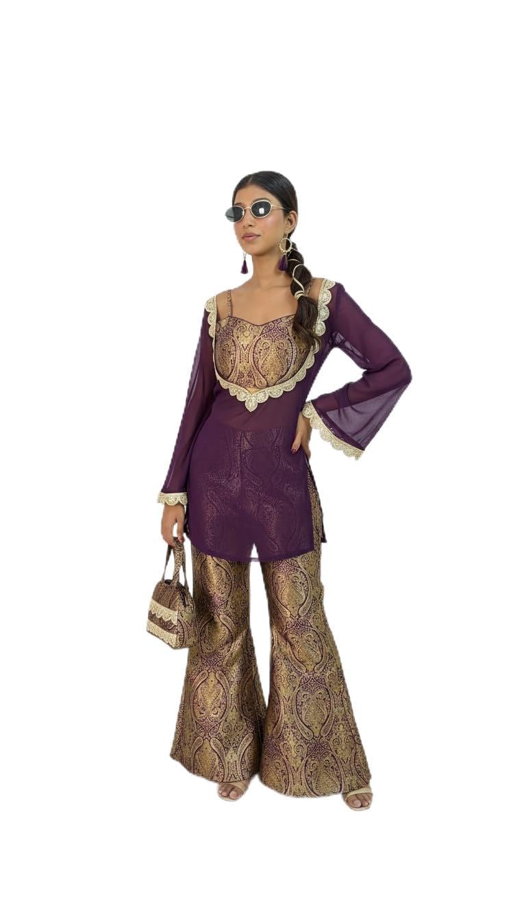 3 Piece Indo Western Outfit Set with Gold Paisley Brocade Bustier Top, Sheer Bell Sleeve Tunic with Lace Trim, and Flared Bellbottom Pants (wine)-image-12
