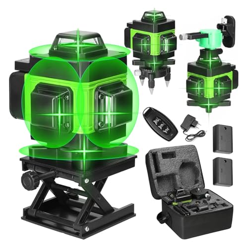 Nivel Laser autonivelante 4 x 360°, 4D 16 líneas nivel láser autonivelante 360 grados horizontal y vertical, IP54 de polvo, impermeable, laser autonivelante con control remoto y 2 x 2600mAh Baterías