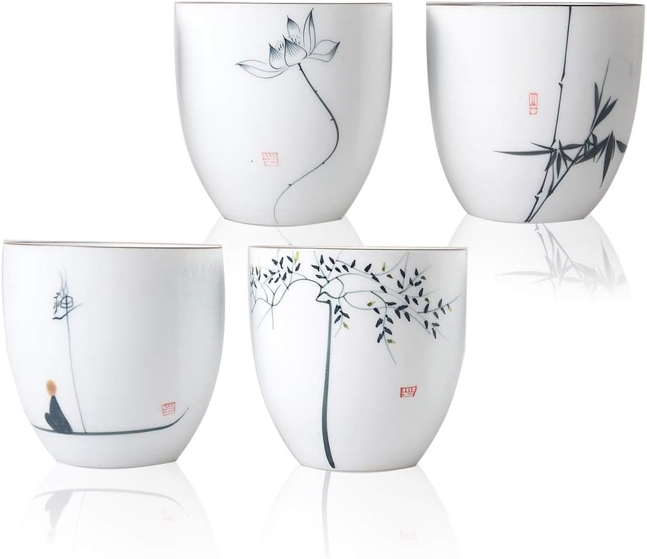 HwaGuiWhite Porcelain Teacups China Mug with Hand Painted Flower, 100ml x 4 Piece