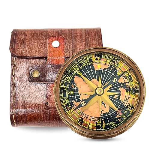 DA Ancein-Nautical Compass –3 Inch Round -Design with Intricate Leather Pouch for Collectors and Decor Gduiness The Direction