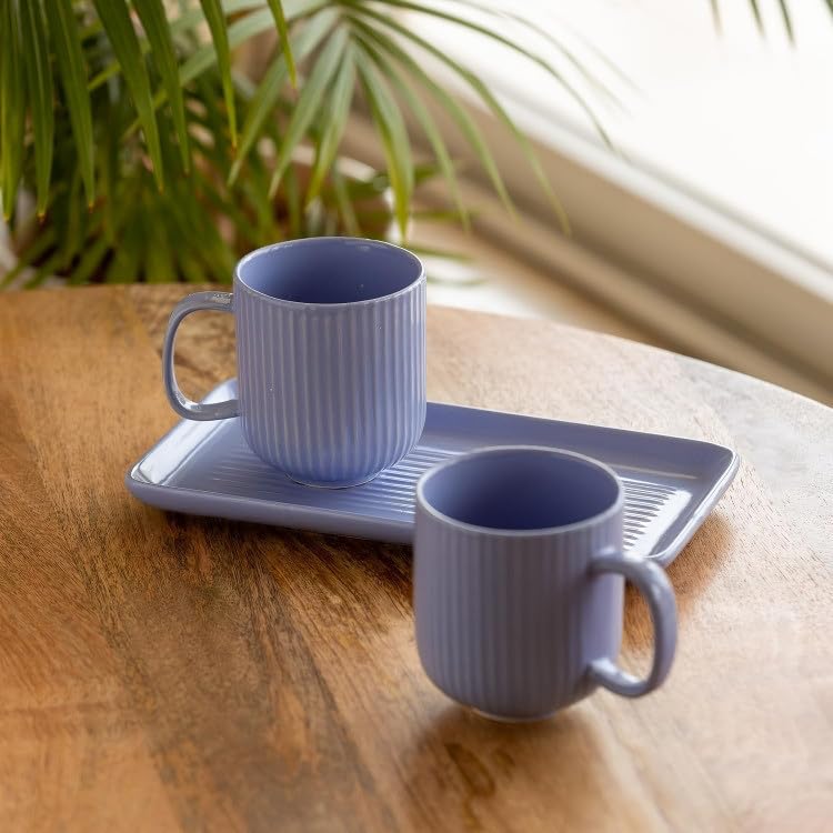 Image of Premium Stoneware Ceramic Mug & Serving Set (Set Of 3) | Handmade Striped Tea & Coffee Mugs with Tray & Dip Bowl | Microwave Safe, Dishwasher Safe Cups for Hot & Cold Beverages| Blue
