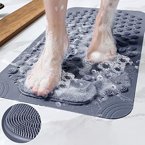 Bathtub Mat Non Slip, Bath Mat with Suction Cups, Drain Holes, Foot Massage, 36 x 69cm Long Bathtub Mat Non-Slip, Bath Mats for Tub, Safe Comfy Shower Mats (Grey) Cover