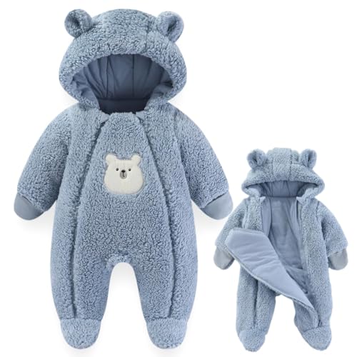 Image of Fairy Baby Newborn Baby Winter Snowsuit Bear Thick Romper Footie Double Zip Hooded Jumpsuit Fleece Coat Infant Boy Girl 0-12M