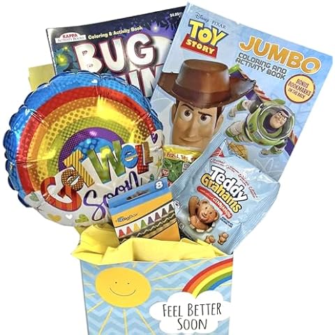 Gifts Fulfilled Kids Feel Better Gift Box for Boys and Girls Ages 3 to 10 with Activity Books, Snacks and Balloon Cover
