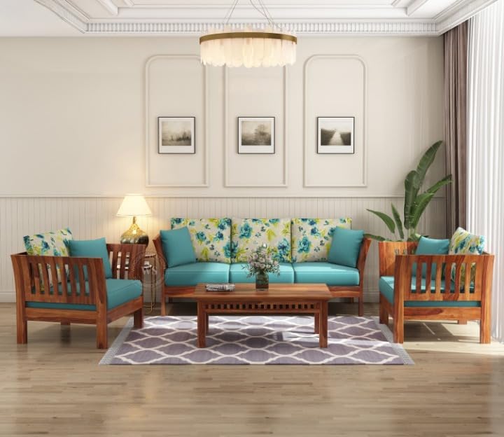 Image of Solid Sheesham Wood 5 Seater Sofa Set for Living Room | 5 Seater Sofa Set | Stylist & Comfact Sofa Set for Home Decor | (Teak Finish, 5)